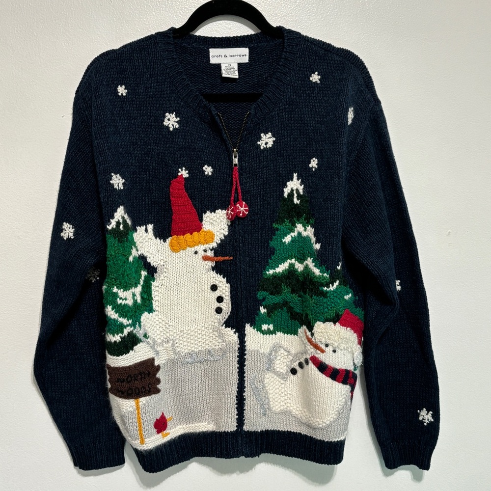 Croft & Barrow North Woods Christmas Cardigan Sweater Sz M Navy Snowmen